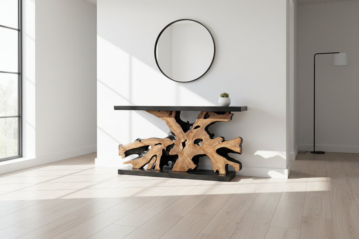 Конзола тиково дърво цвят натурал-черен 150X40X80СМ