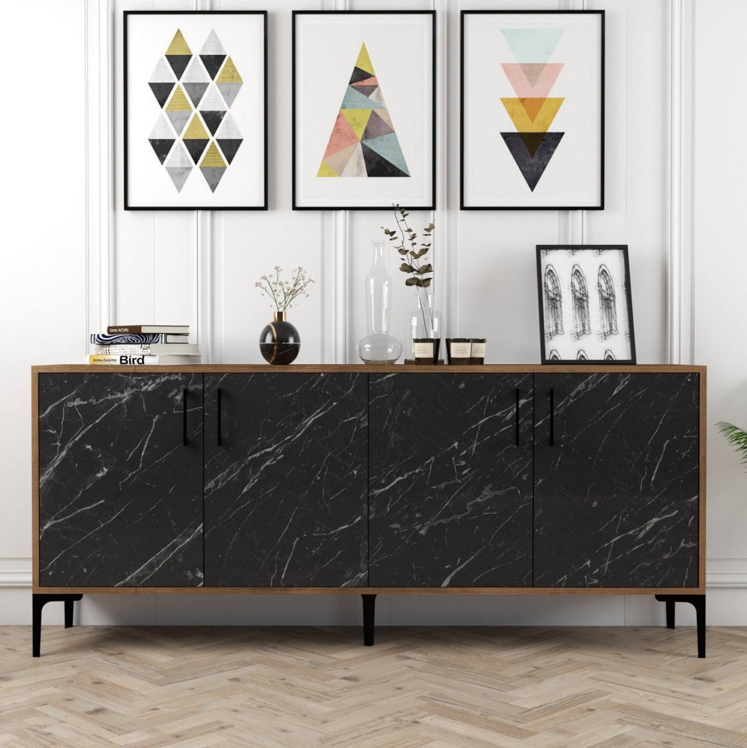 Бюфет цвят орех-черен мрамор 180x35x78