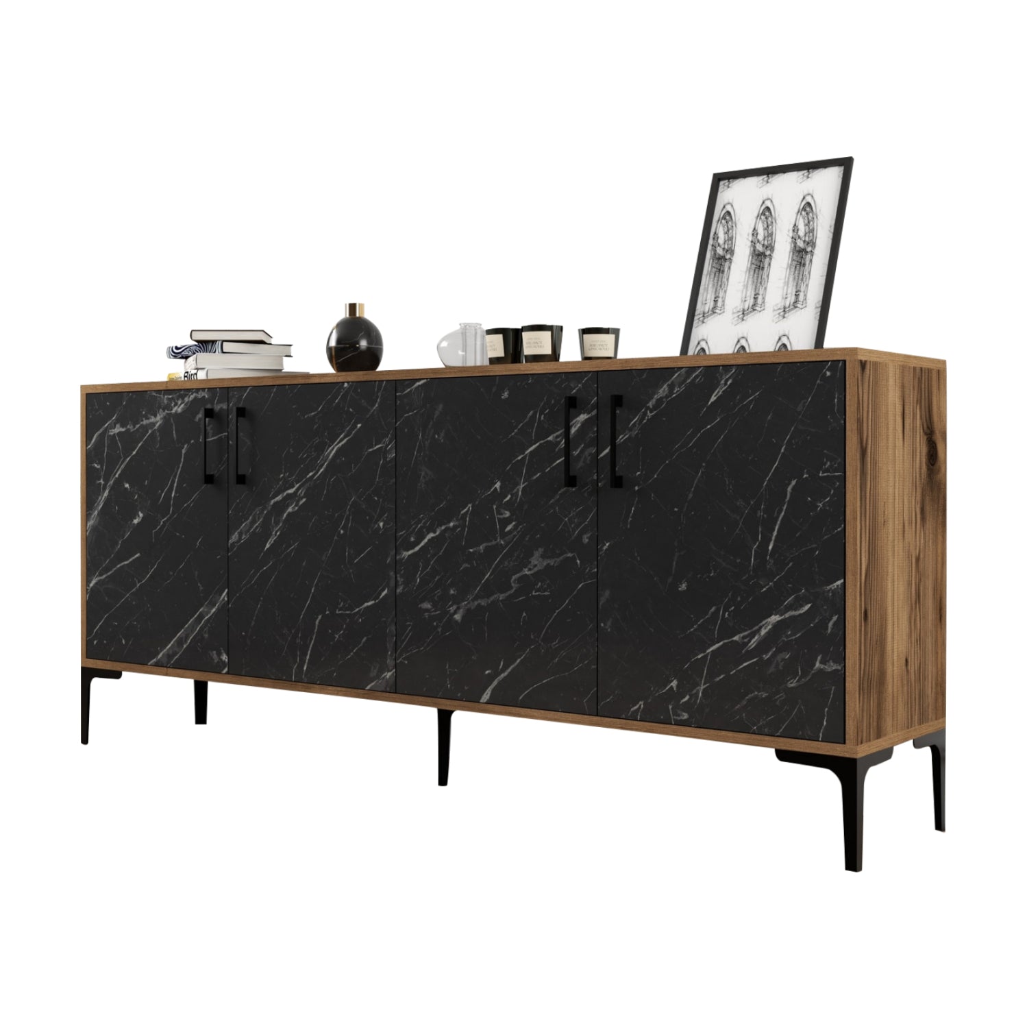 Бюфет цвят орех-черен мрамор 180x35x78