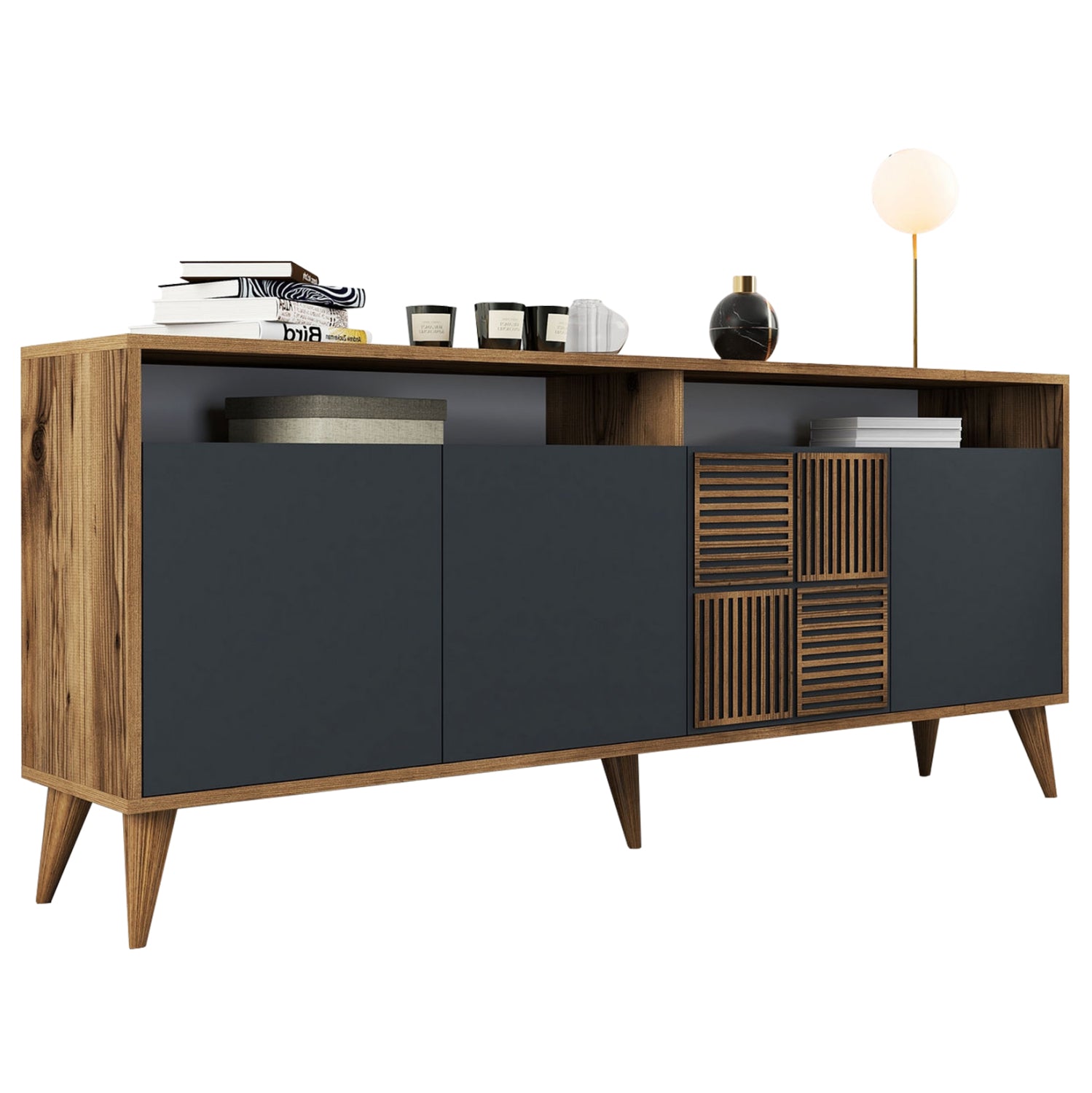 Бюфет меламин в орех с вратички въглен 180x35x78.6см.