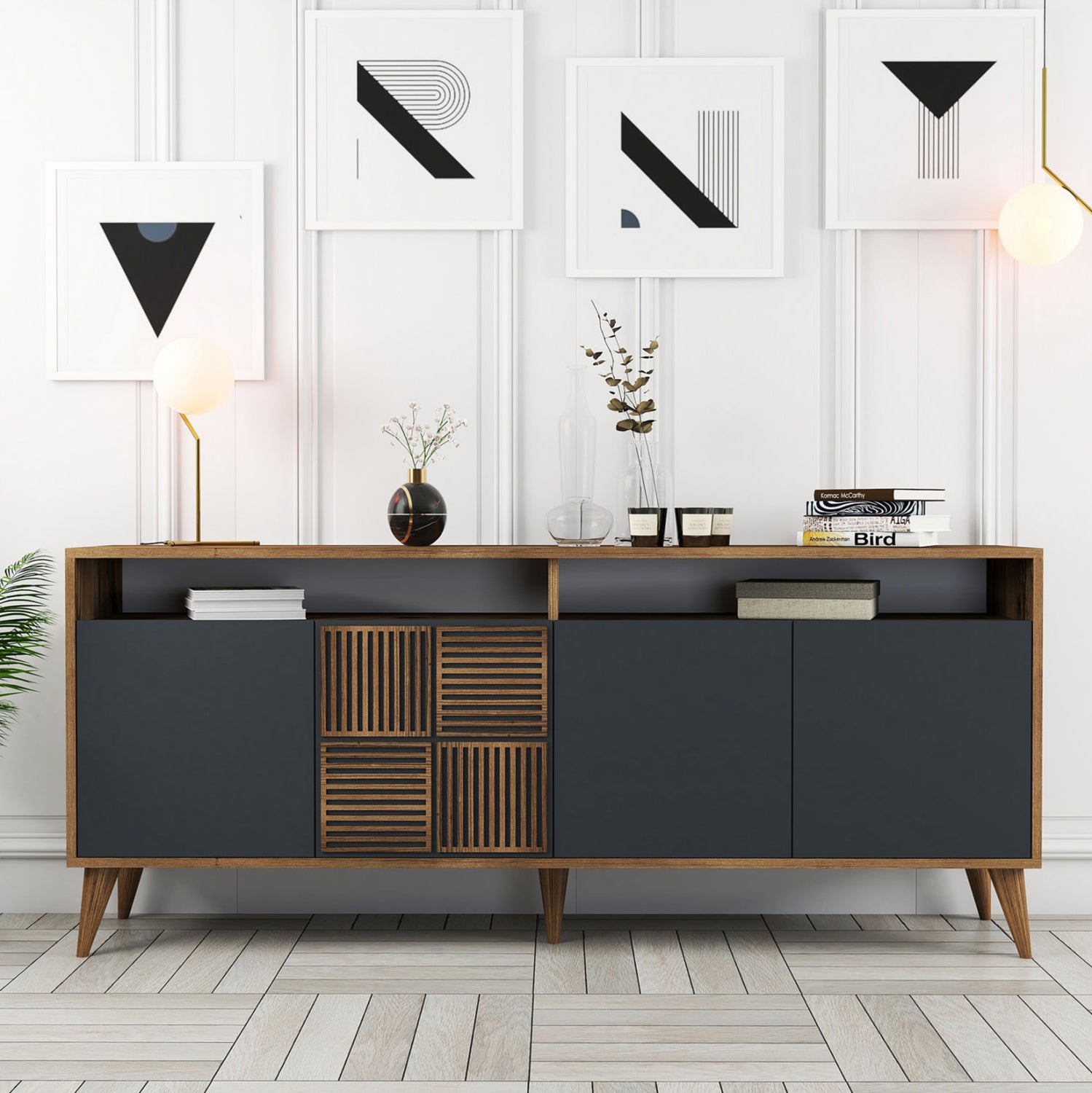 Бюфет меламин в орех с вратички въглен 180x35x78.6см.