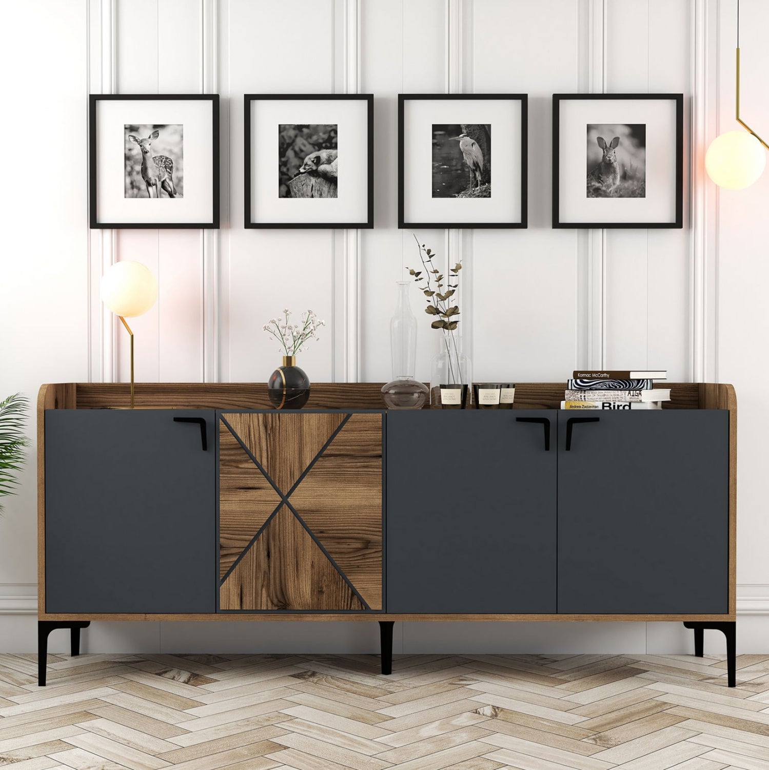 Бюфет меламин цвят орех и вратички въглен 180x35x78см.