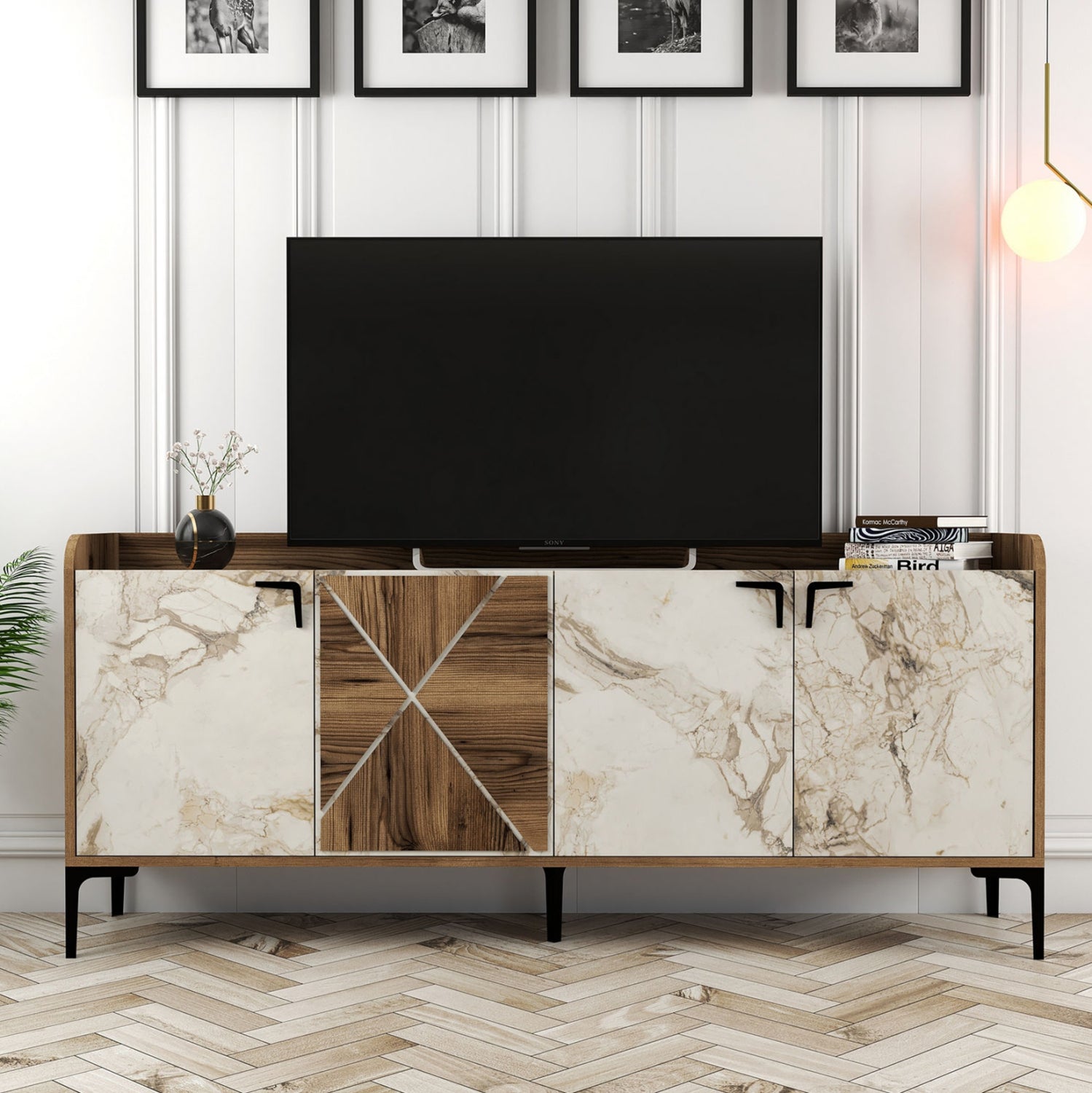 Бюфет меламин цвят орех и ефект бял мрамор 180х35х78кв.