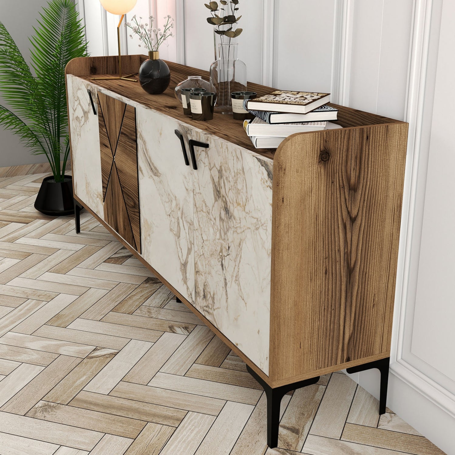 Бюфет меламин цвят орех и ефект бял мрамор 180х35х78кв.