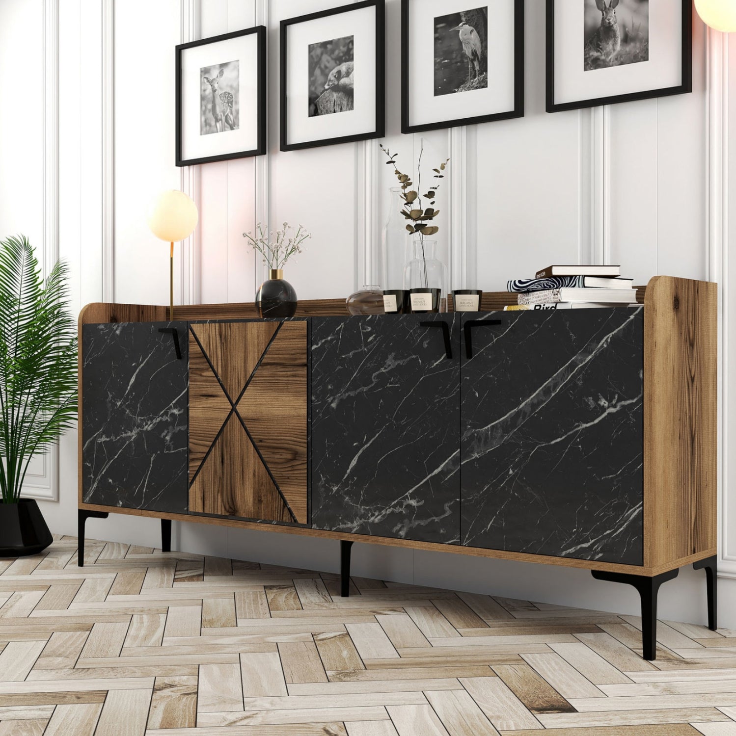 Бюфет меламин орех с вид на черен мрамор 180x35x78h см.