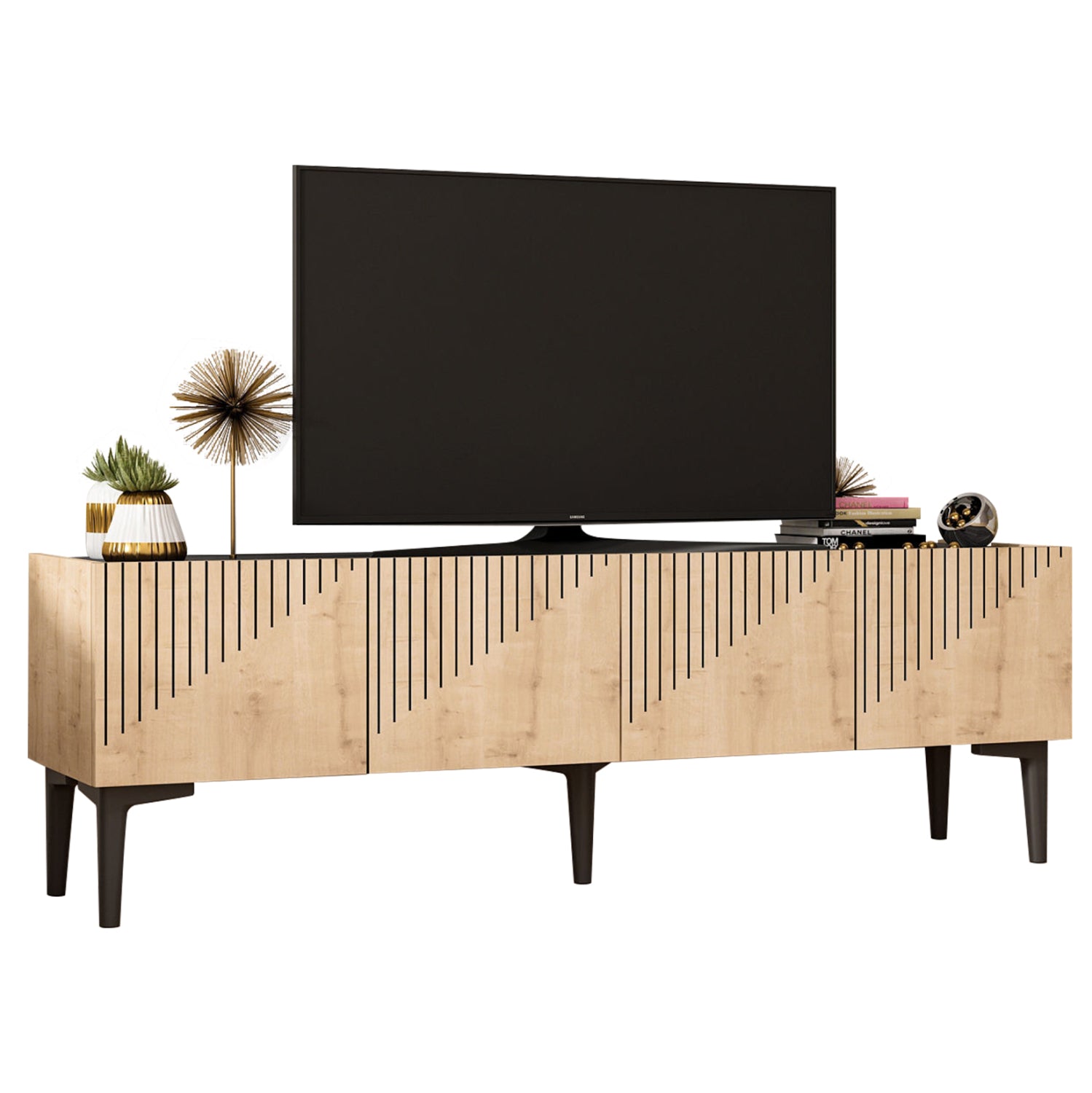 Тв шкаф цвят натурал-черен мрамор 154x37x45