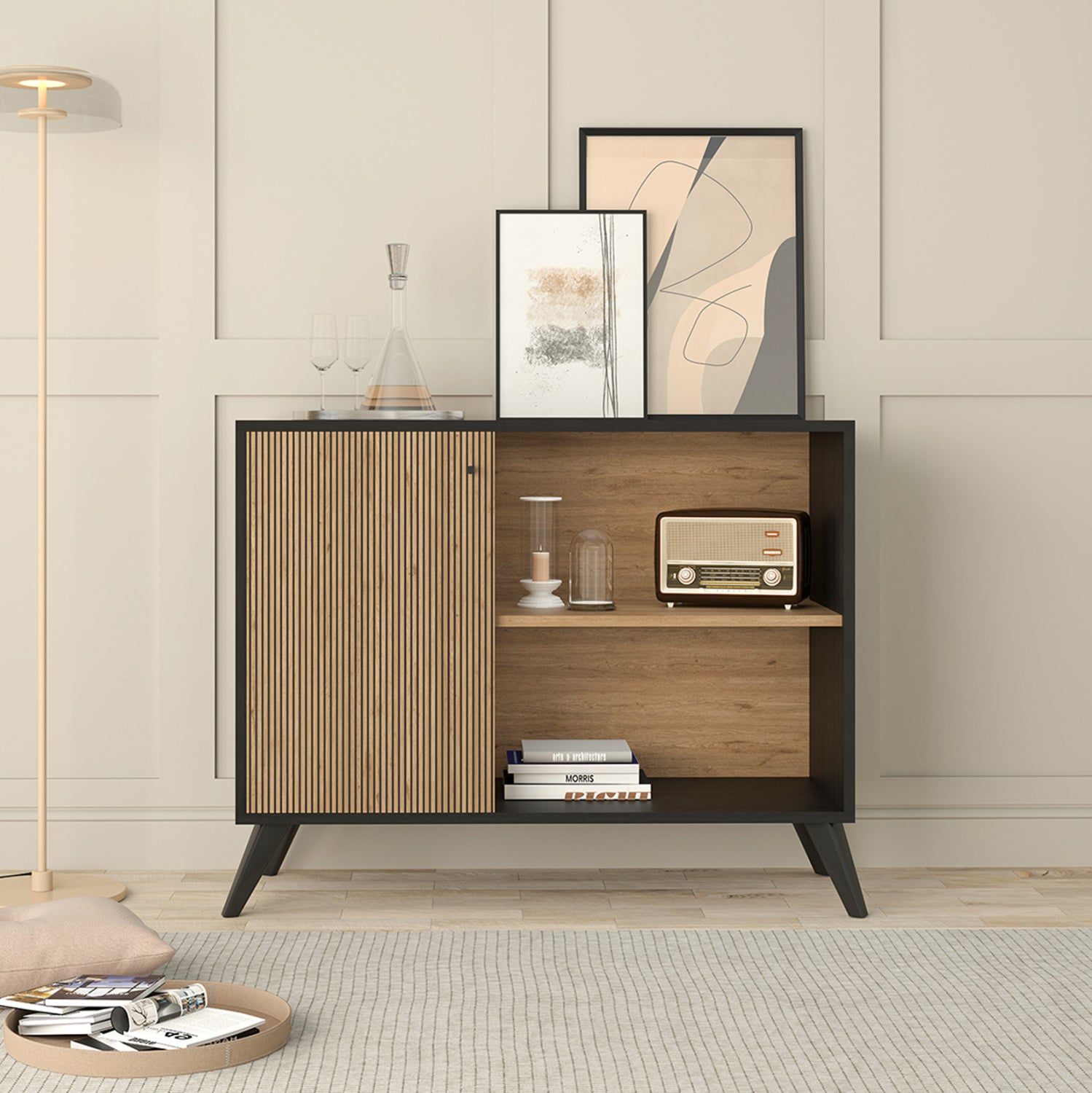 Меламинов шкаф-конзола Кruden черен-натурал 100х40х785см