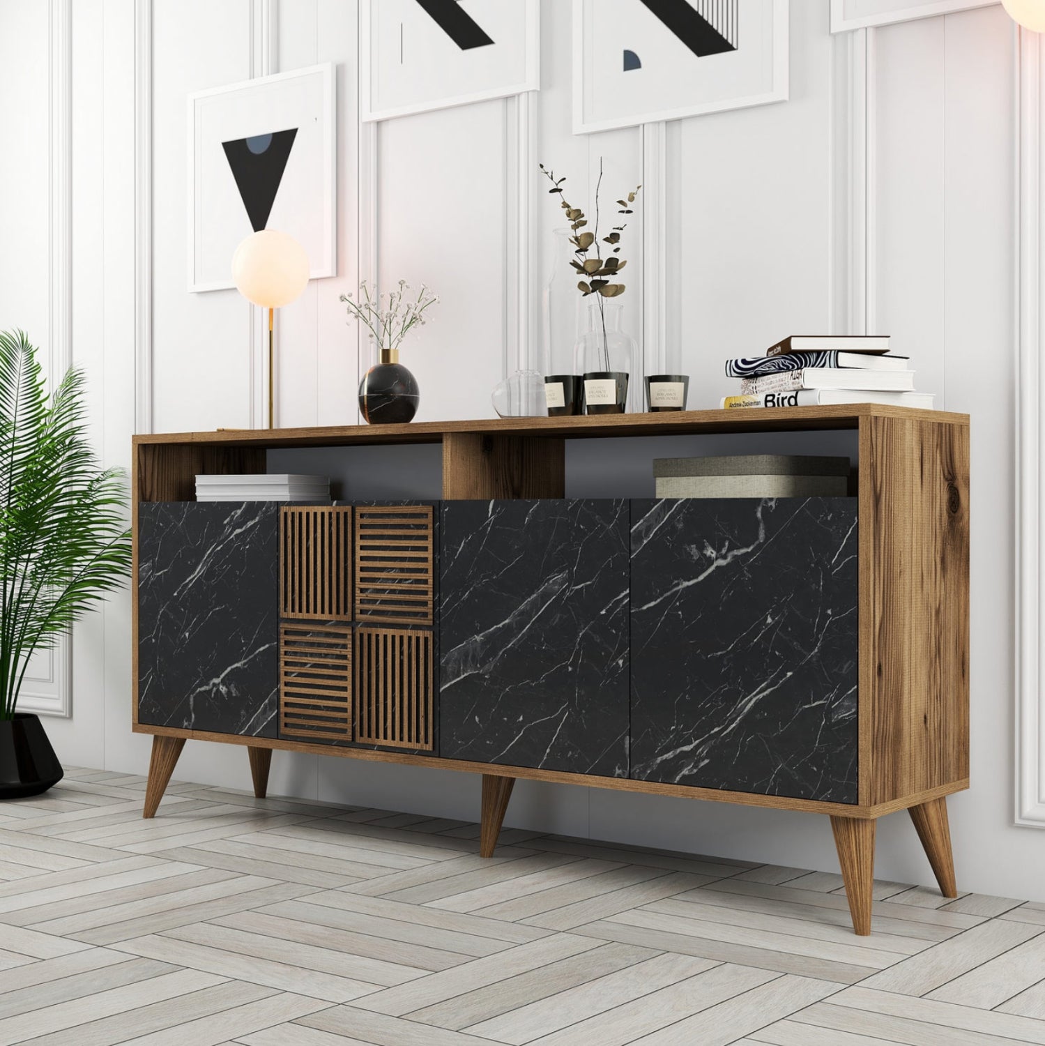 Бюфет меламин орех с вид на черен мрамор 160x35x78h см.