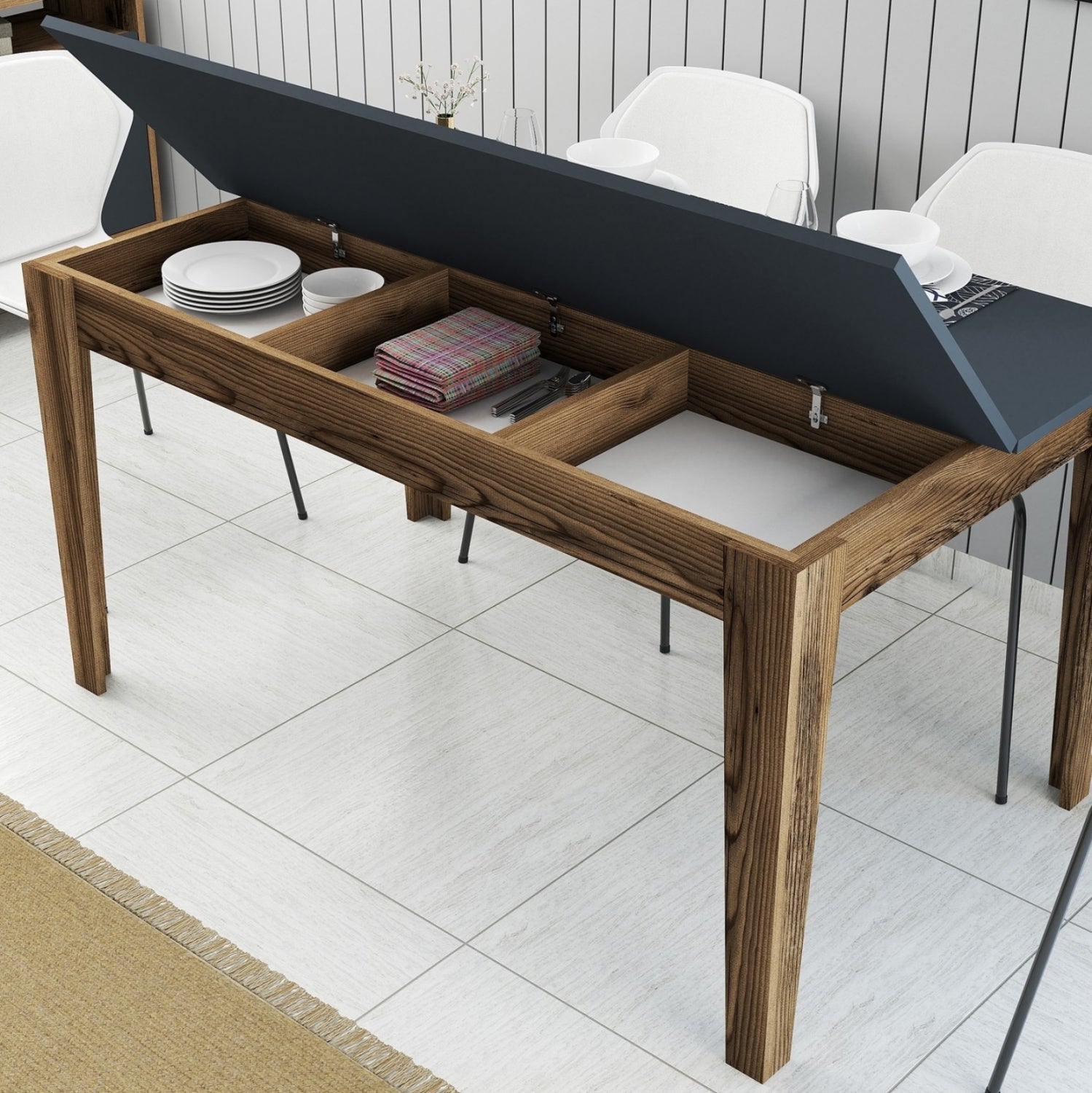 Трапезна маса Стандарт меламин цвят орех-въглен с място за съхранение 145х88х75см.