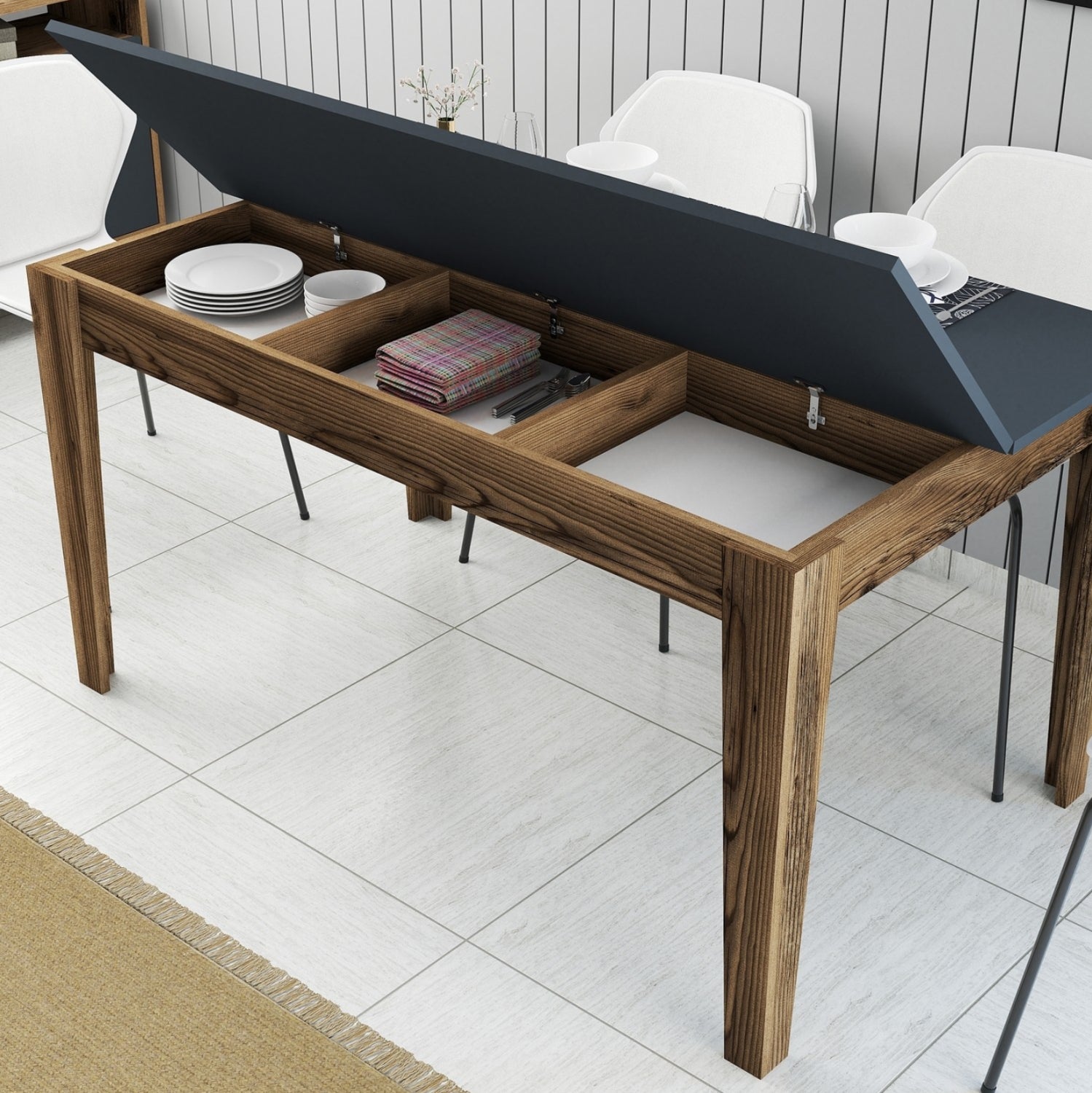 Трапезна маса Стандарт меламин цвят орех-въглен с място за съхранение 145х88х75см.