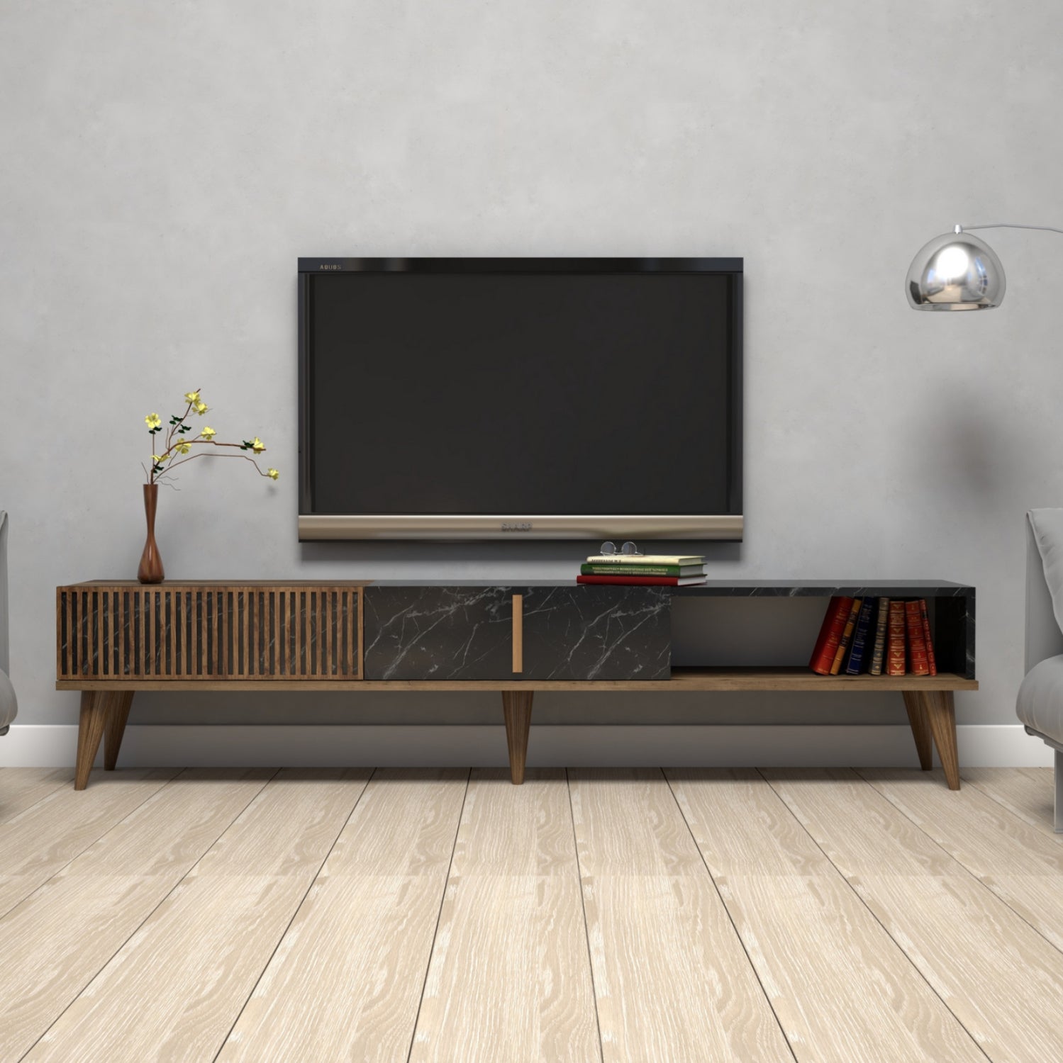 Тв шкаф меламин орех и лице от черен мрамор 180x35x40см.