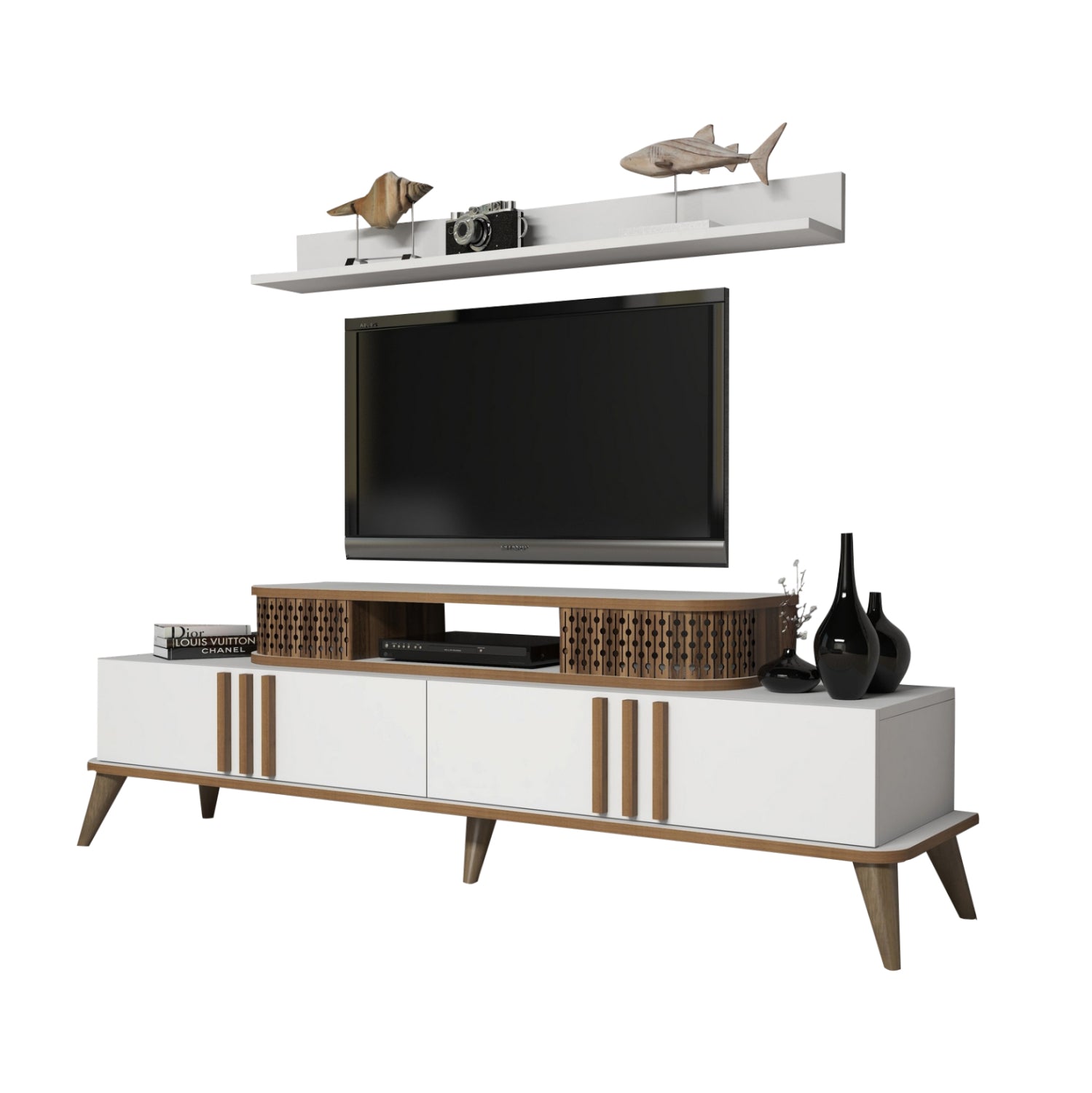 Меламинов тв шкаф в бял и орехов цвят 168x39x51.6см