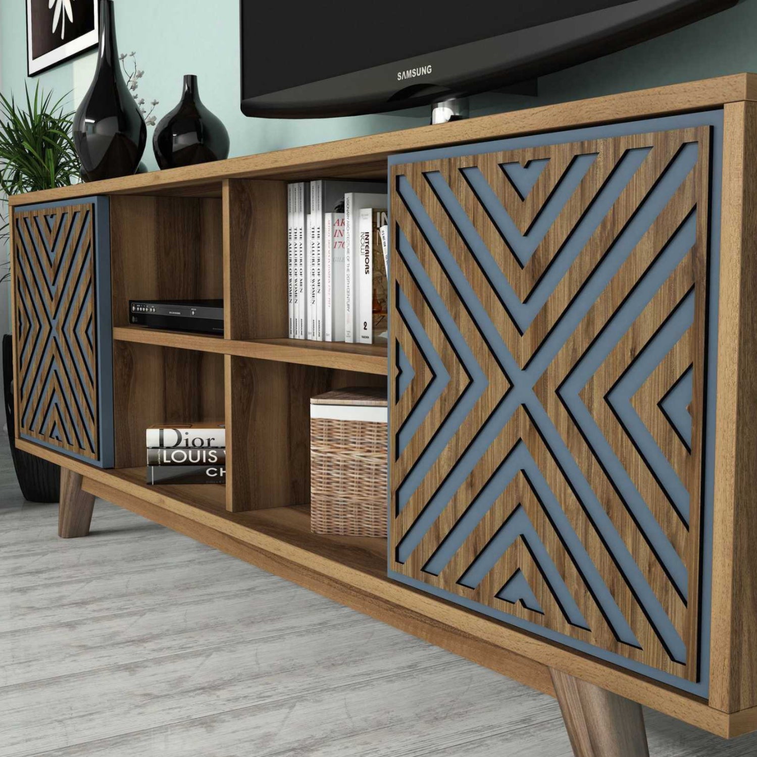 Тв комплект цвят орех-син 160x35x56.2