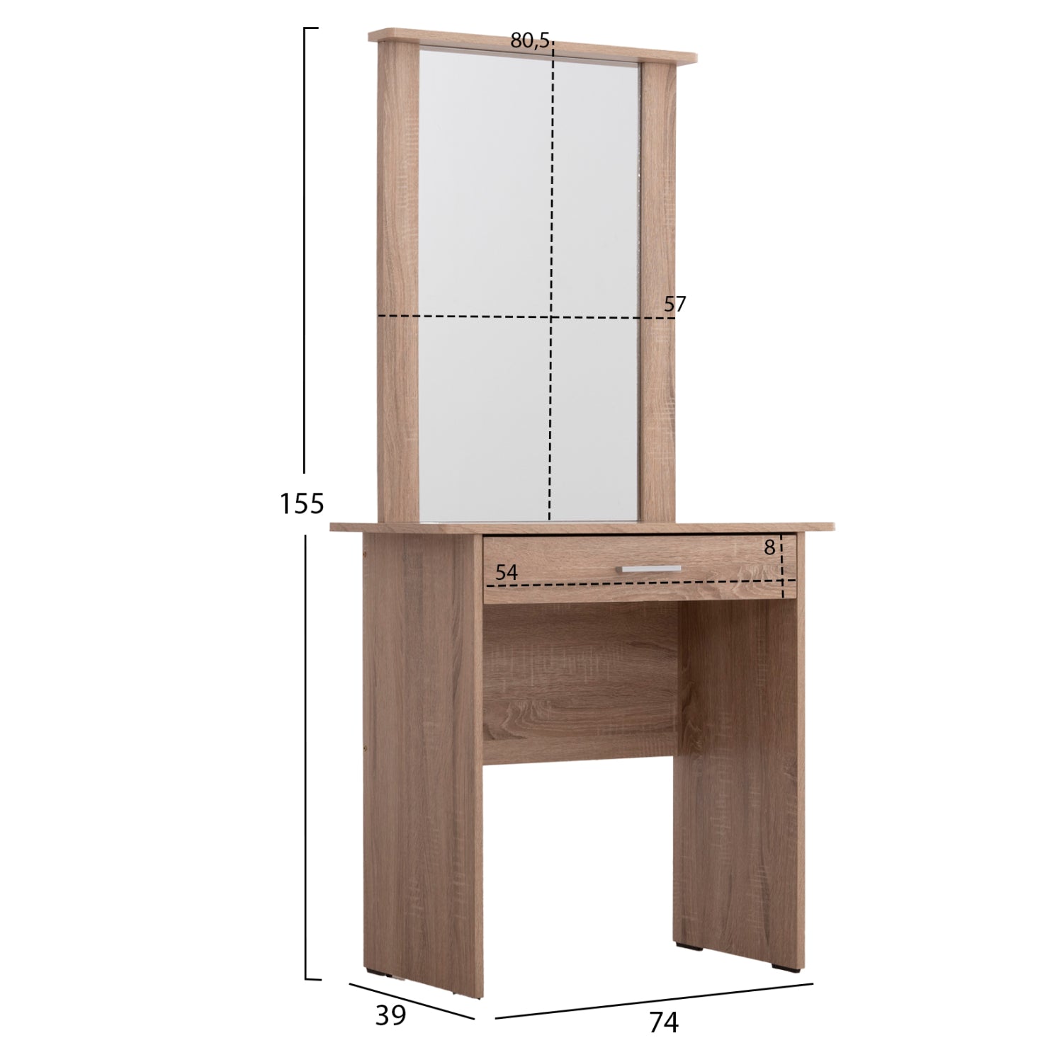 Тоалетка с огледало и табуретка Crystel меламин сонома дъб 74x39x155см