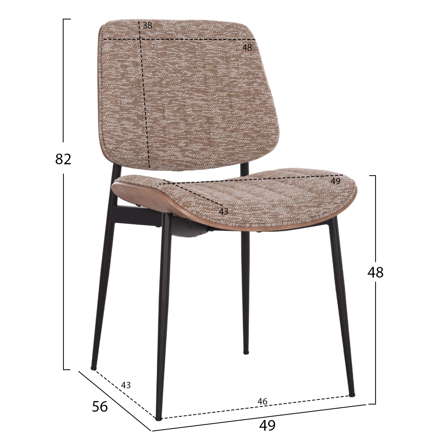 Трапезен стол Conti черен метал-кафяв плат 49x56x82см