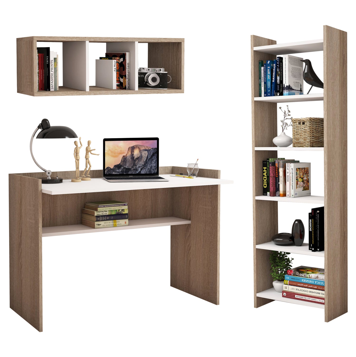 Комплект бюро с библиотека КГ11776.12 меламин в цвят сонома и бял