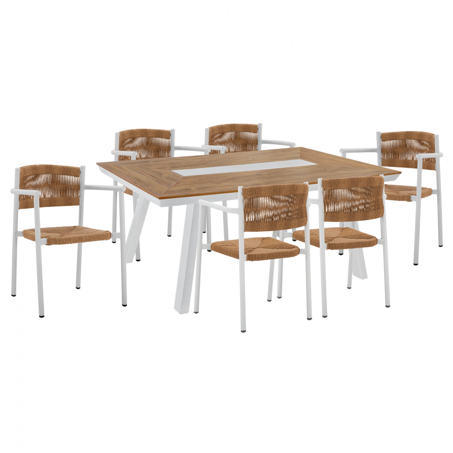 Комплект за хранене 7 части с маса от полидърво 200x94 и бели кресла с въже КГ11648