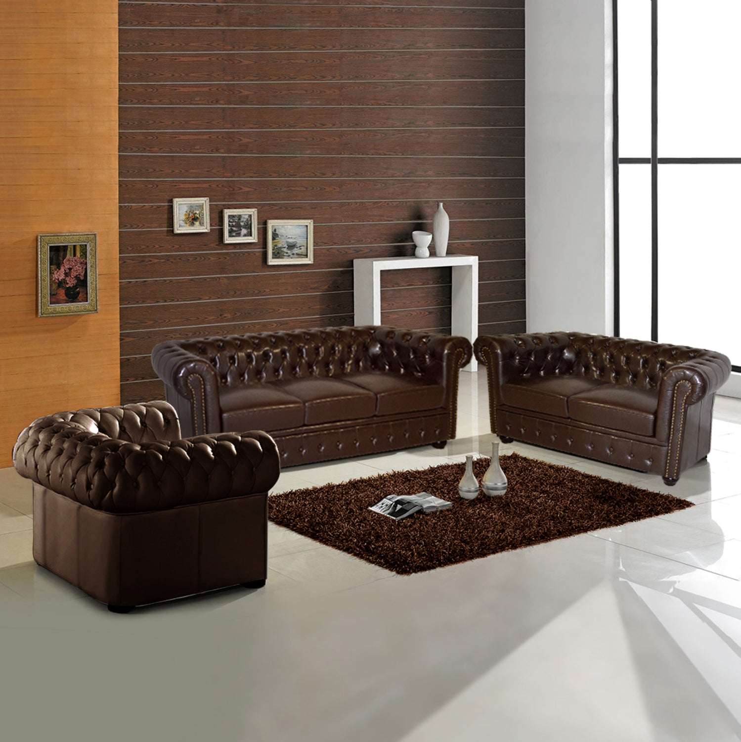 Двумесен и тримесен комплект за хол и кросъл честърфийлд, тъмно кафяв