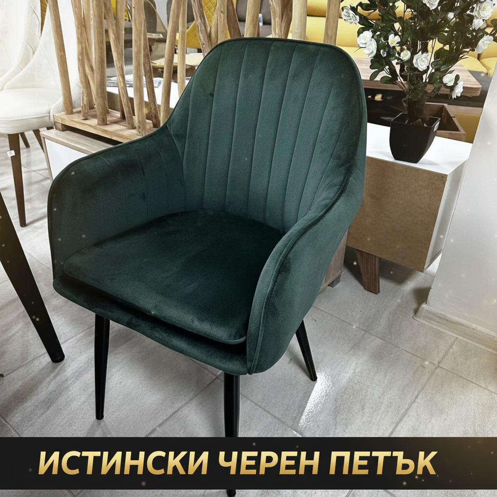 Трапезен стол ВМ313 зелено кадифе - ИСТИНСКИ ЧЕРЕН ПЕТЪК