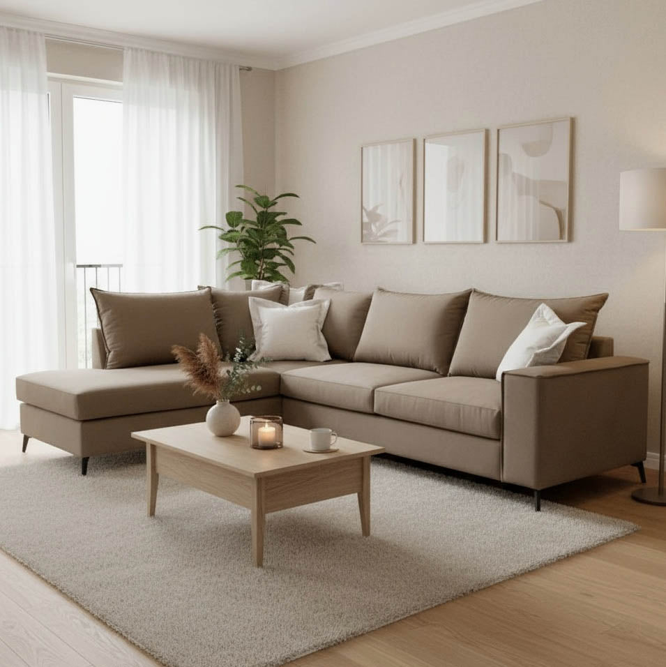 Ъглов диван Romantic десен ъгъл дамаска мока-крем 290x235x95см