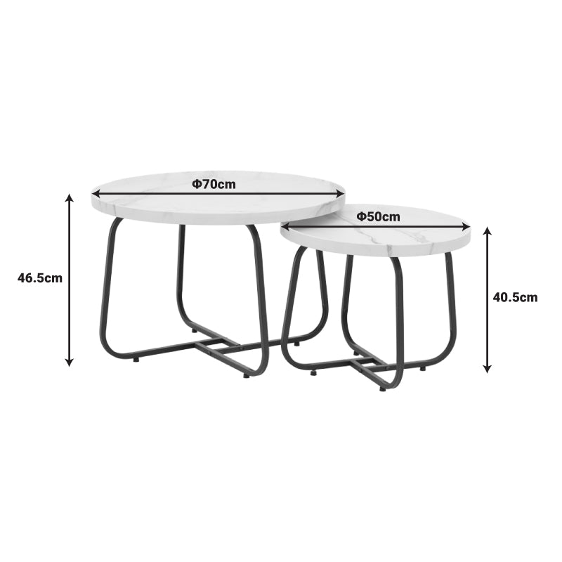 Комплект маси за кафе 2бр. Crismory МДФ в бял мраморен нюанс и черни метални крака