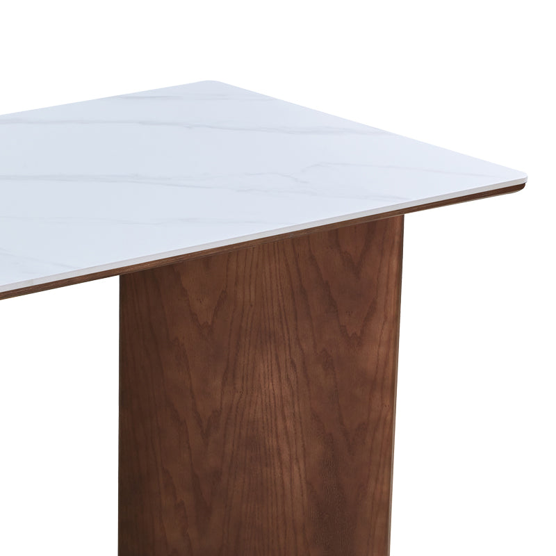 Трапезна маса Versy синтерован камък-mdf в цвят мрамор бял - основа орех 160x90x75см