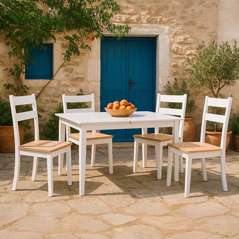 Mabor-york комплект разтегателна трапезна маса от 5 части, бяло дърво, 120-150x80x73.8cm