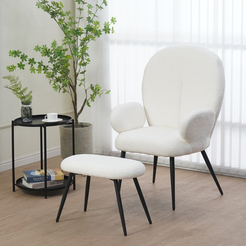 Фотьойл с табуретка Карар плат букле в бял нюанс с черни метални крака 67.5x67.5x106cm