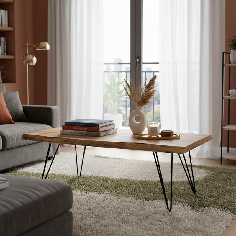 Маса за кафе Rich масивно дърво 4см естествен крак черен 130x69x46см