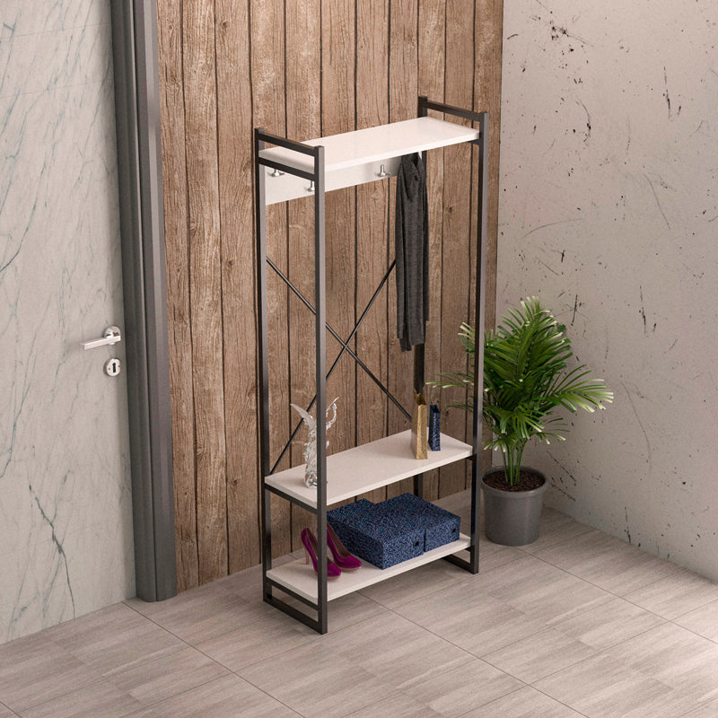 Мебел за антре със закачалка Baker черен метал и бял меламин 90x34x180см