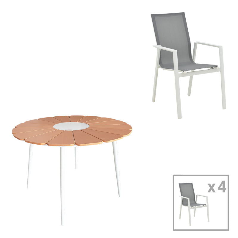 Комплект трапезна маса и столове Pinap-Dashiell от 5 бр бял алуминий в естествен нюанс φ110x74см
