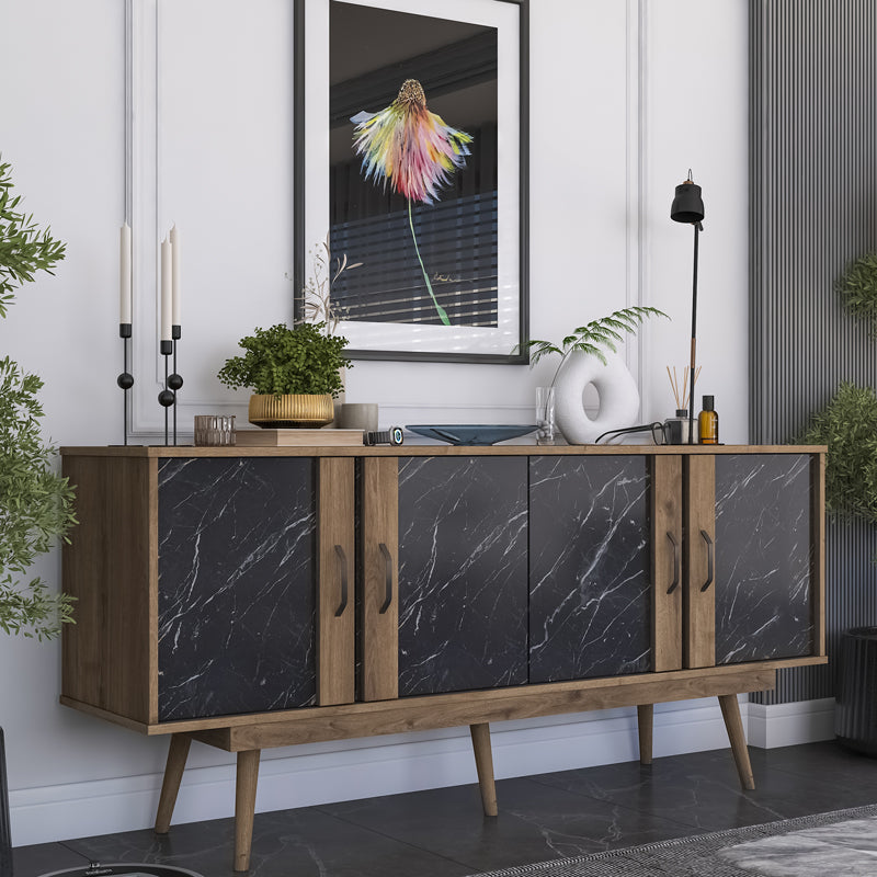 Бюфет Suckie в цвят орех-черен мрамор с меламин-орех pp крак 180x45x82.6cm