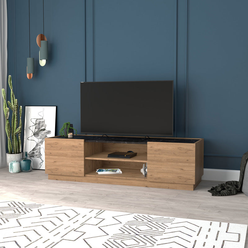 ТВ шкаф Betna в цвят орех с черно мраморно покритие 150x42x48см