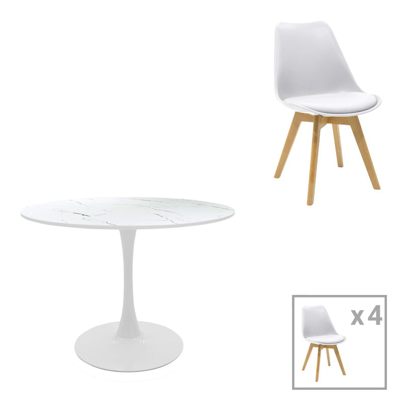 Комплект трапезна маса balou-gaston от 5 mdf и pp в бяло-натурален нюанс φ100x73см