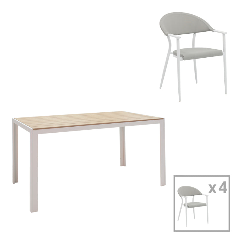 Трапезна маса Nares-Pino Комплект от 5бр бял алуминий в естествен нюанс с маса140x80x72.5см