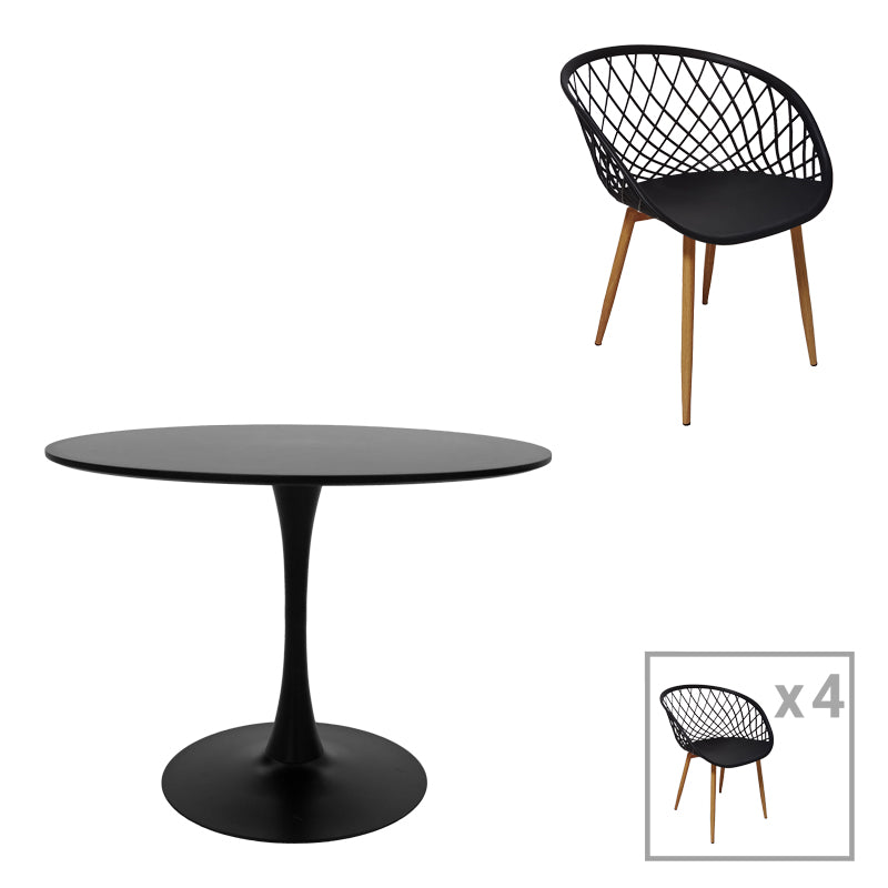 Комплект трапезна маса ezra-balou от 5 pp-mdf в черно-натурален цвят d100x73cm