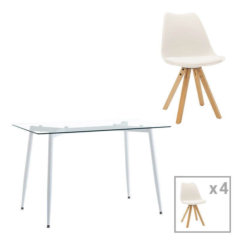 Комплект трапезна маса quana-caron от 5 части стъкло 8мм прозрачно - бял крак 120x70x75см