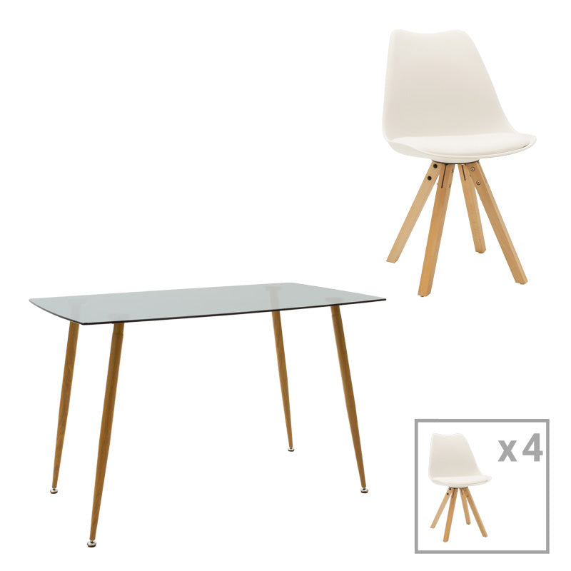 Комплект трапезна маса chloe-caron от 5 части, 8мм стъкло антрацит - естествен крак 120х70х75см