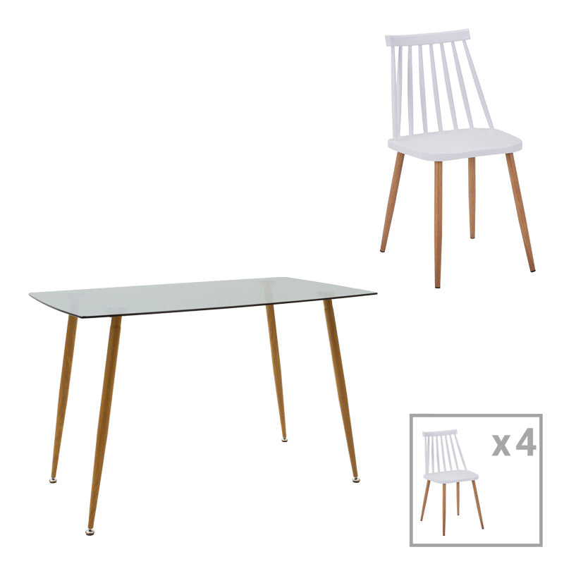 Трапезна маса chloe-aurora i комплект 5 части стъкло 8мм антрацит - естествен крак 120х70х75см