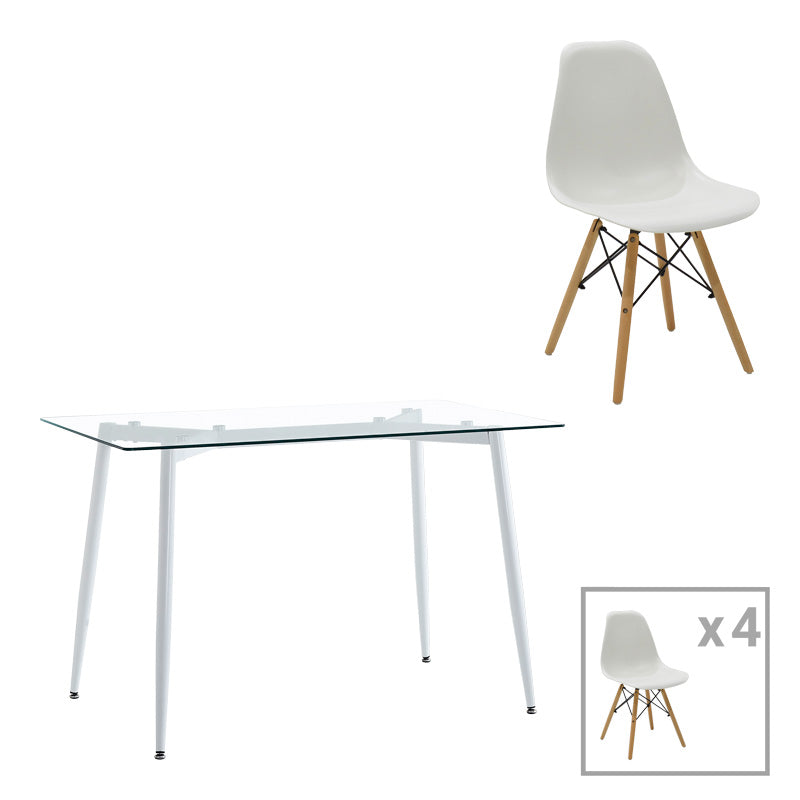 Комплект трапезна маса quana-julita от 5 части стъкло 8мм прозрачно - бяло 120x70x75см