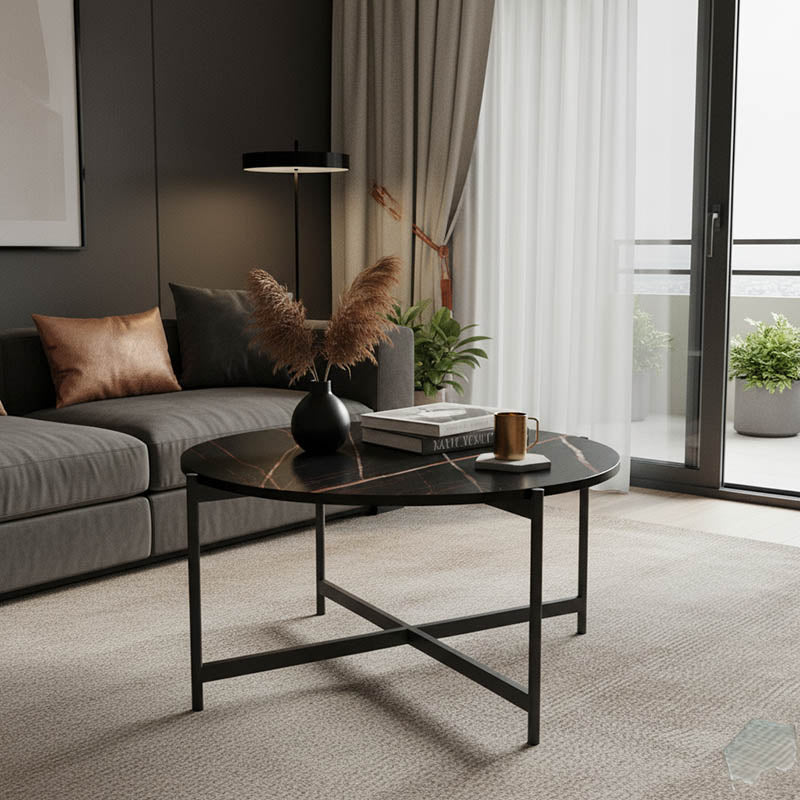 Маса за кафе Aisle черен мрамор меламин-черен метал D80x45cm