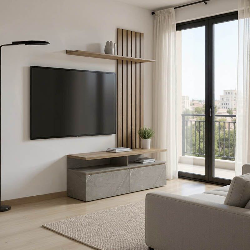 Холна гарнитура Perlento бежов мрамор нюанс и цвят сонома 140x41x219,5см