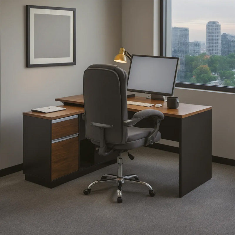 Офис бюро с ляв ъгъл Oscar меламин в нюанс орех-въглен 140x120x76см