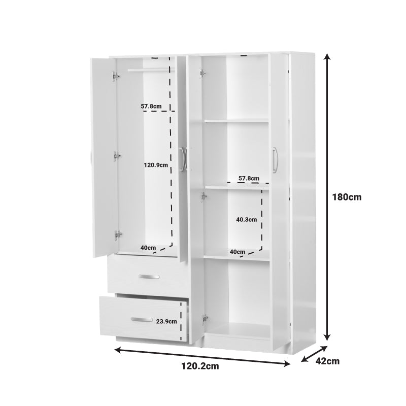 Четирикрилен гардероб Zelia с 2 чекмеджета в бял нюанс 120x42x180см