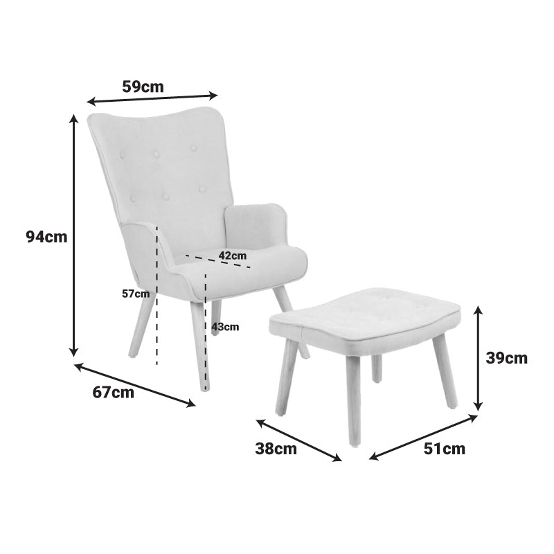 Кресло с табуретка Melisia плат тъмно сиво-естествен цвят дървен крак 59x67x94см