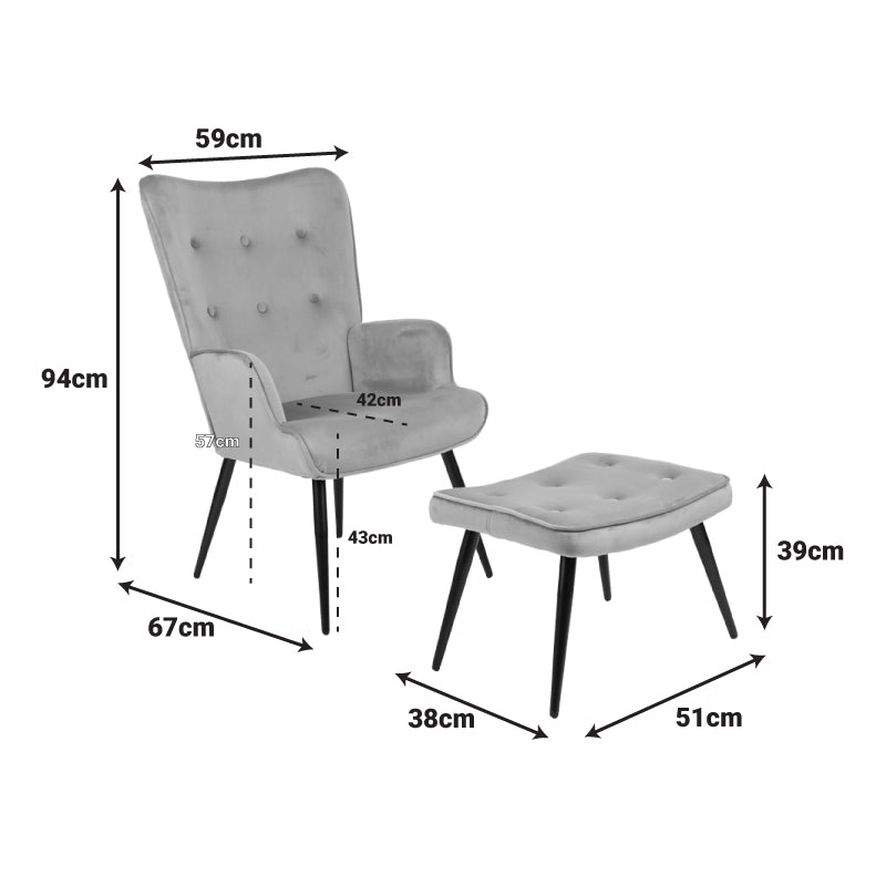 Кресло с табуретка Siella тъмно зелено кадифе-черен метален крак 59x67x94см