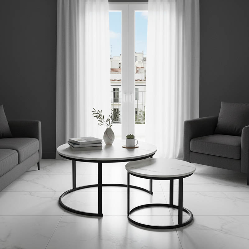 Холни маси Solme 2бр в цвят бял мрамор с черни метални крака