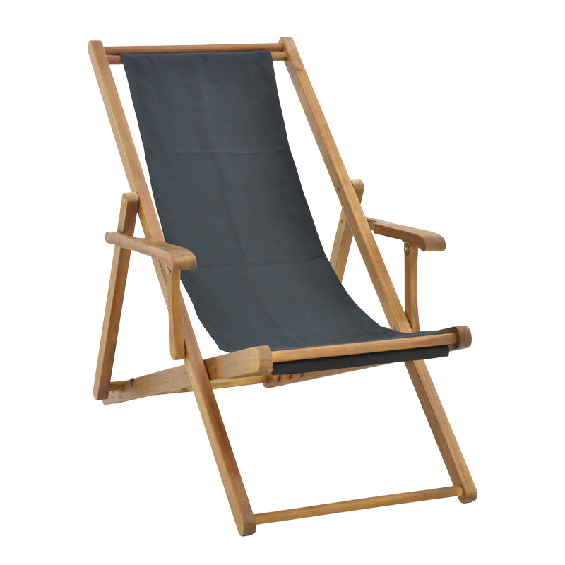 Шезлонг Xurian акациево дърво естествен плат pvc черен 108/67/104см