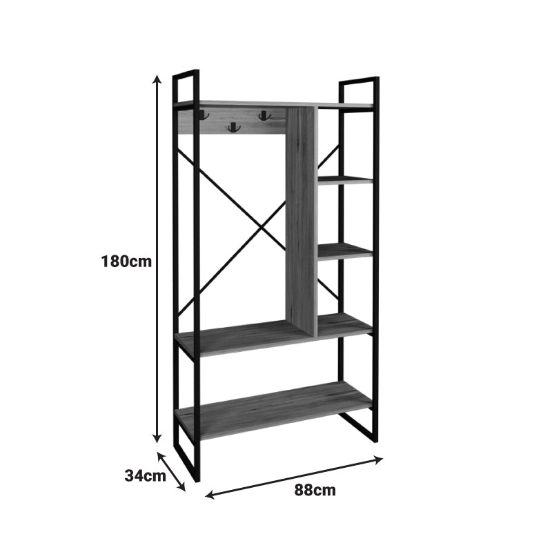 Мебели за антре Feranda с дъбови рафтове и черна метална рамка 88x34x180см