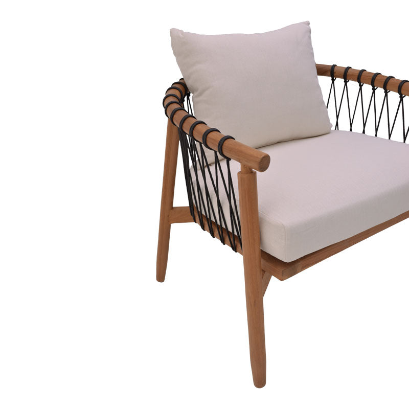 Фотьойл Haibo естествено тиково дърво-черно въже-бяла възглавница 80x75x72см